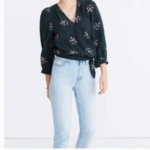 Madewell Silk Wrap Top in Wild Botanic M Dark Green with White & Pink Floral